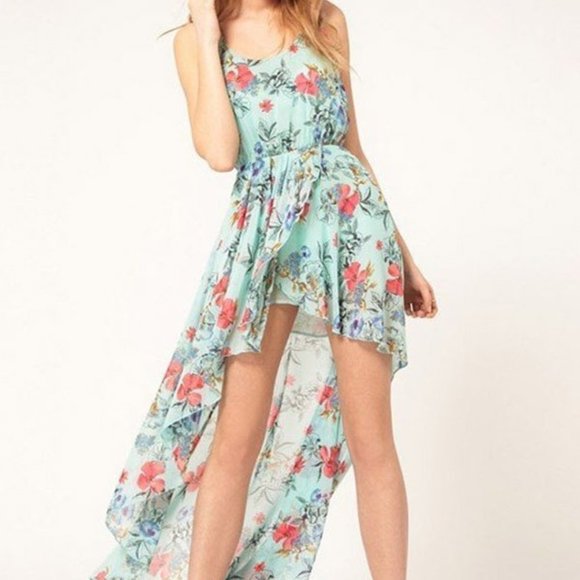 ASOS Blue Floral Print High Low Chiffon Dress - Picture 1 of 3
